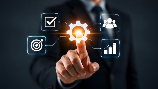 Professional businessman touching a futuristic digital interface with glowing gear icons and business management symbols to optimize corporate workflow and strategy.