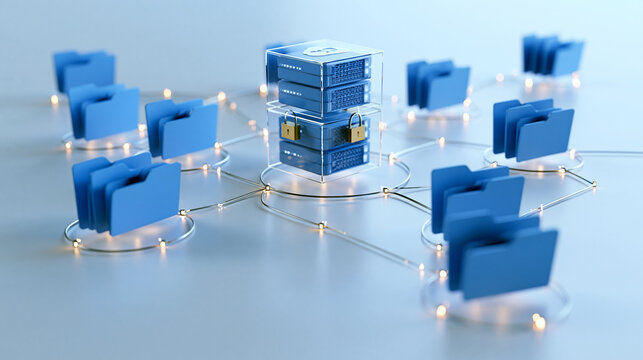 Clean 3d render of interconnected folders and secure cloud servers forming an online documentation database on a light background online documentation database interconnected