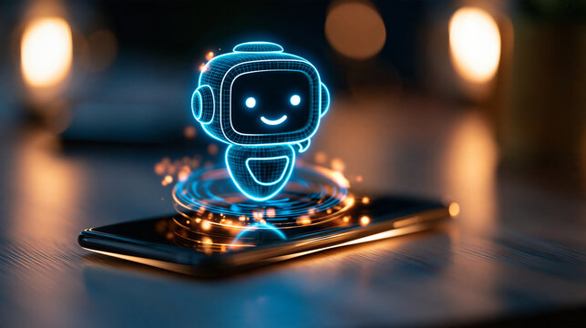 Smartphone on a dark desk with a glowing chatbot avatar icon floating above the screen and a shallow depth of field glowing chatbot avatar icon smartphone screen