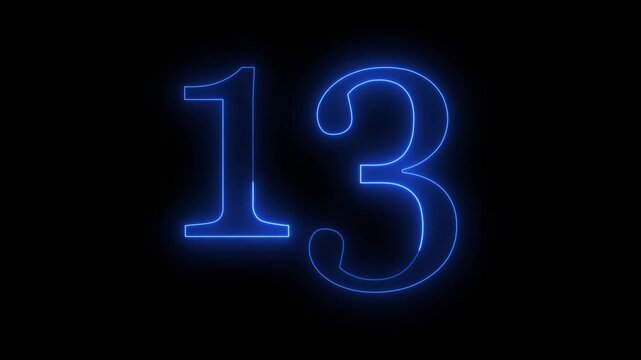 Glowing blue neon number thirteen isolated on black background