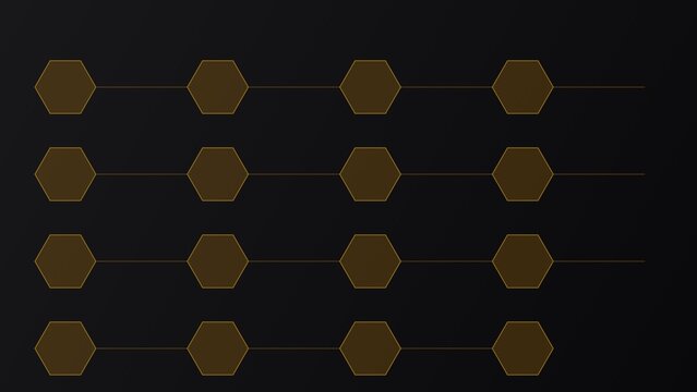 A grid pattern of sixteen brown hexagonal shapes arranged in four rows and four columns, connected by thin horizontal lines on a dark background
