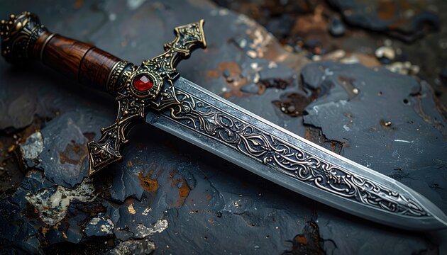 Decorative fantasy dagger featuring intricate handle details and polished blade