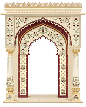 Indian heritage entrance arch in burgundy, ivory and muted gold, ornamental pillars, intricate traditional floral reliefs, curved cusped opening, high-end commercial vector illustration