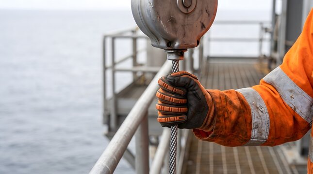 Technician Inspecting Galvanized Steel Cable Tension on Self-Retracting Lifeline Block