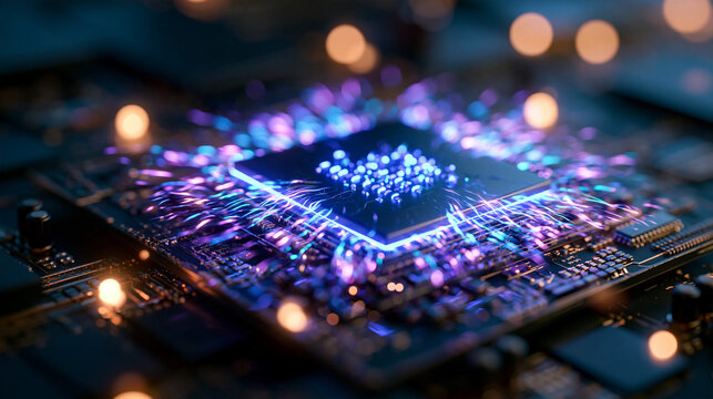 Stylized 3d render of layered microchip circuit technology with a glowing neon data processor on a motherboard microchip circuit layers glowing data processor motherboard neon