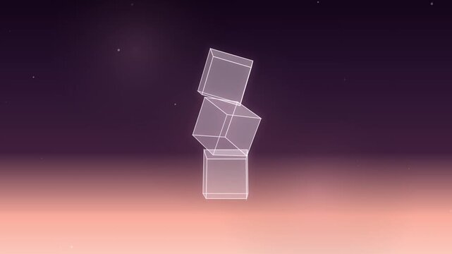 Abstract white transparent cubes stacked vertically slowly rotate in a mesmerizing seamless loop against a gradient purple and orange background.