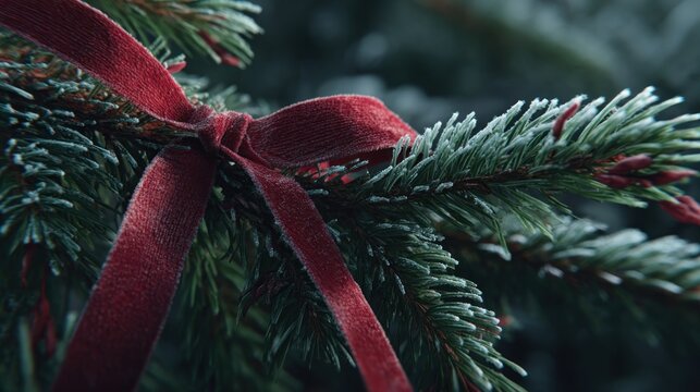 red ribbon tied around frosty pine branch,