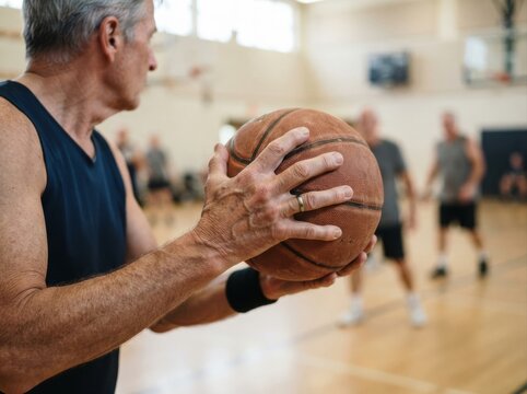 older adult recreational basketball Older man holding basketball preparing to pass during indoor game