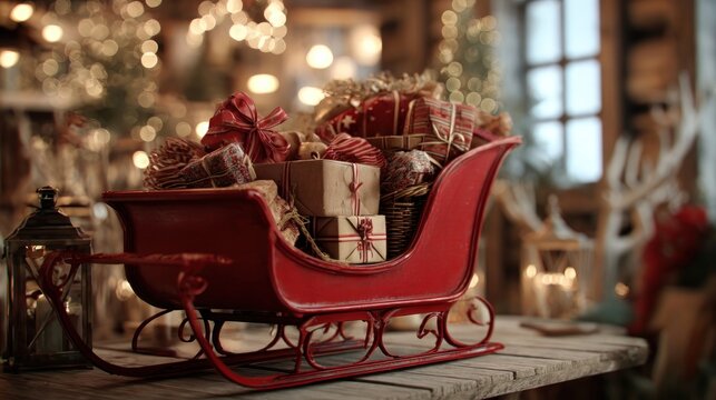 red sleigh filled with Christmas presents