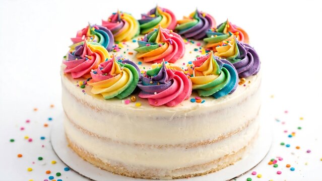 Colorful vanilla birthday cake with rainbow buttercream swirl rosettes yellow pink blue green
