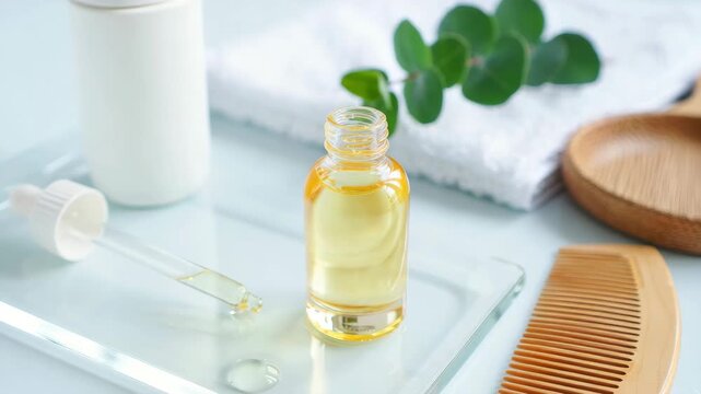 Scalp serum in a glass bottle beside a comb, seasonal hair shedding care, scalp microbiome routine, autumn hair loss awareness