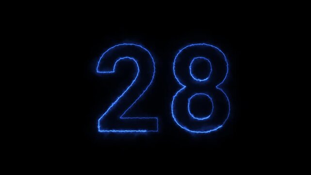 Electric blue neon number twenty eight with plasma effect isolated on solid black background