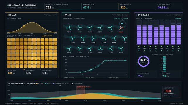 4K renewable energy command center dashboard monitoring solar irradiance, wind turbine rotation, and battery storage performance with real-time grid analytics.