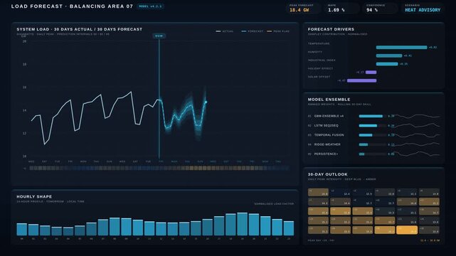 AI electricity demand forecasting dashboard with thirty day predictions and confidence bands, dark mode interface, dynamic charts, and real-time data visualization for energy management and grid.