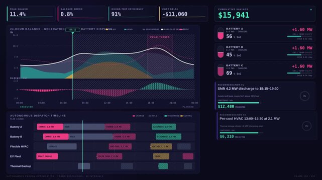 AI Energy Optimization Dashboard with Autonomous Battery Dispatch and Demand Balancing Recommendations in 4K for commercial creative technology and business use.