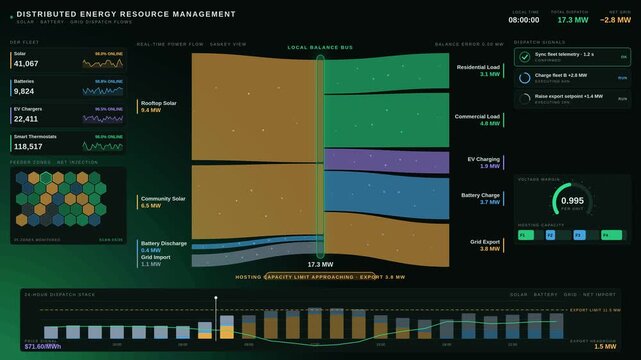 Distributed energy resource management dashboard with solar battery and grid dispatch flows, dark emerald interface, Sankey diagram, real-time data visualization, 4K.