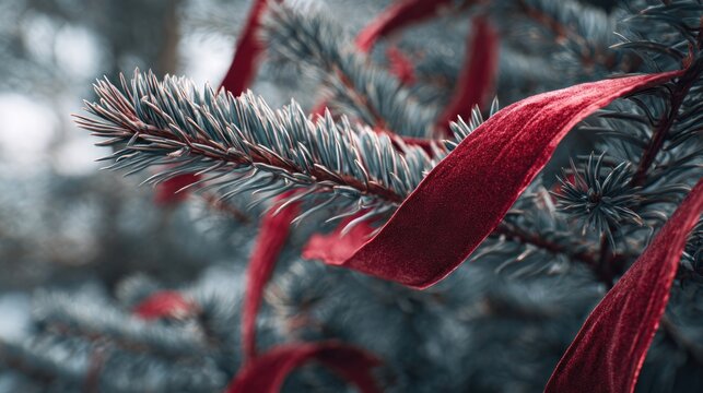 red velvet ribbons on frosted evergreen branches,