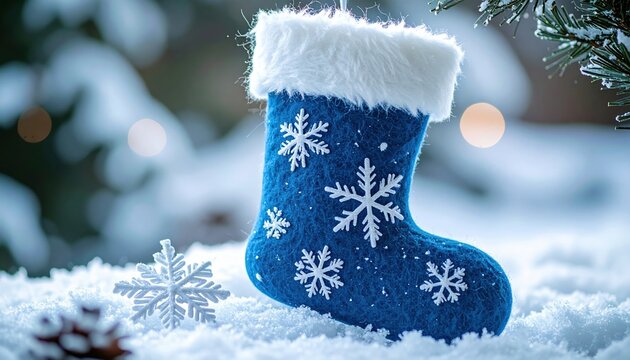 Blue felt Christmas stocking decorated with white snowflakes, festive holiday ornament