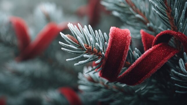 red velvet ribbons on frosted evergreen branches,