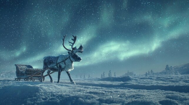 reindeer in snowy field with sleigh bells and northern lights in the sky,