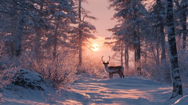 reindeer in snowy forest at sunrise,