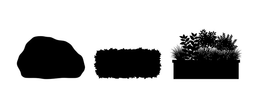 Black silhouette landscape vector set, rock hedge and potted plant icons, garden element silhouettes for architectural outdoor design layout