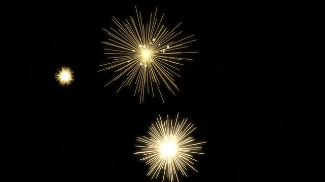 Bright golden firework bursts exploding in night sky with sparkling light rays for celebration holiday background video.