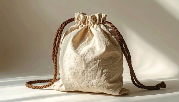 Natural beige canvas drawstring bag with brown rope handles, reusable packaging