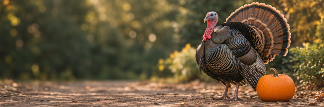 Turkey with fanned feathers next to a pumpkin on a path. Thanksgiving concept with autumn background and copy space.