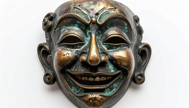 Antique bronze laughing mask with exaggerated features isolated