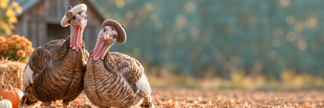 Two turkeys wearing berets posing on autumn farm background. Thanksgiving celebration concept with pumpkins and hay bales