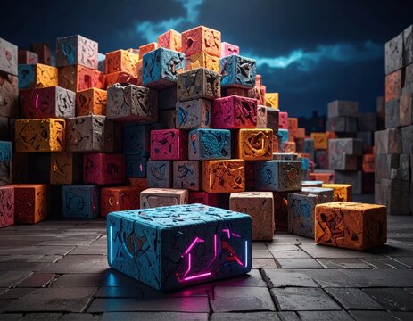 Stacked stone cubes with colorful internal light.