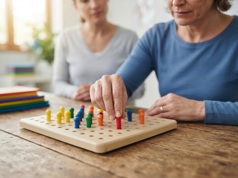 fine motor rehabilitation peg activity Senior woman playing board game with caregiver in home setting