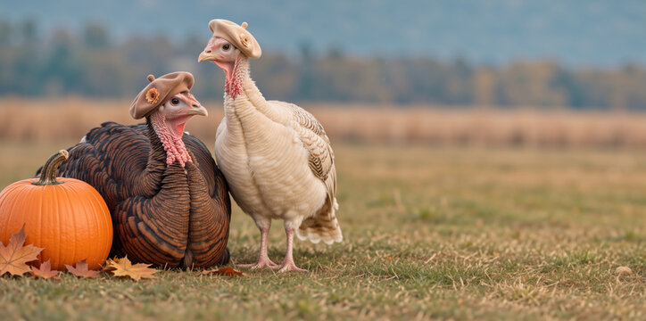 Two turkeys wearing brown berets with orange flowers next to a pumpkin in an autumn field. Thanksgiving holiday concept