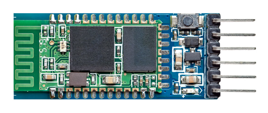 Internet of things and wireless connectivity Bluetooth module circuit board with antenna and pin headers for electronic prototyping and hardware development