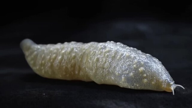 Tracking shot of sea slug crawling across black surface in studio close up macro view showing slimy textured body and slow locomotion