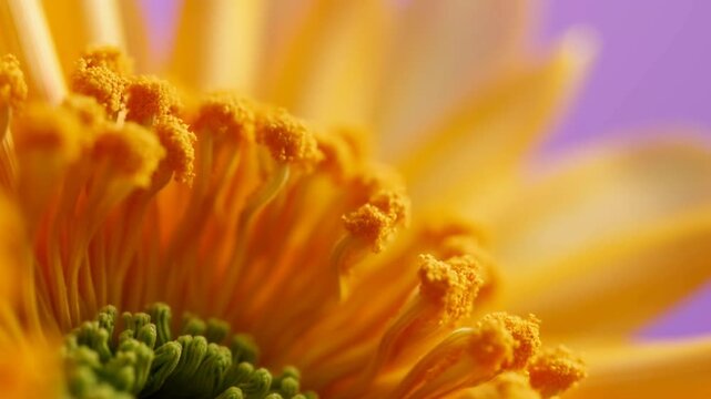 Slow motion macro pan of daisy stamen shifting and focusing on pastel background in studio close up