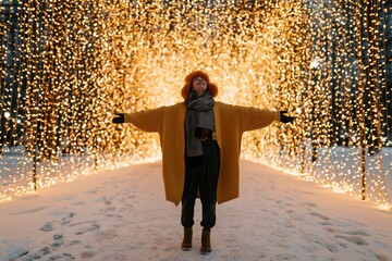 Fototapeta premium Person with outstretched arms in illuminated holiday light tunnel on snow for winter holiday background and celebration banner with radiant golden bokeh