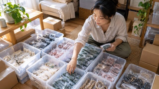 Asian Small Business Owner Tackles Overstock Problem by Reorganizing Unsold Inventory in Storage Bins at Home, Offering Insight into Practical E-commerce Challenges and Solutions