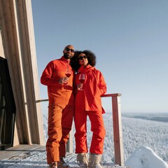 Fototapeta premium Couple in matching orange winter outfits drinking wine on a snowy mountain balcony for winter lifestyle background and apres-ski romance banner