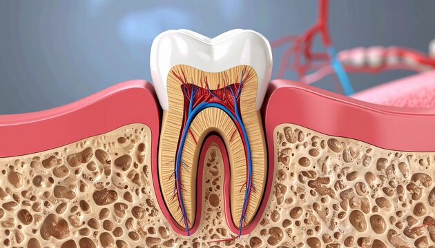 Cross-section human tooth showing enamel, dentin, pulp, nerves, and blood vessels