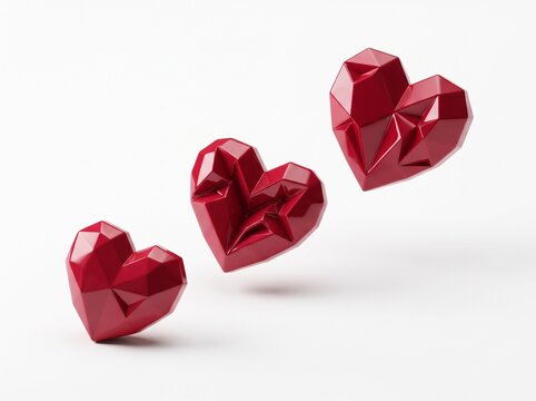 Three faceted red hearts