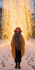 Fototapeta premium Woman standing before cascade lights display winter background for holiday poster and wallpaper design