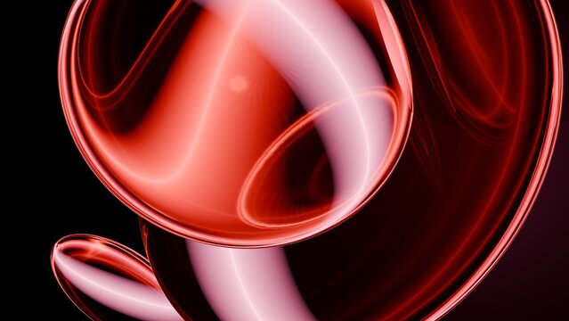 Glossy red light swirl with glowing translucent ribbons and curved orbs on black background, wallpaper or banner