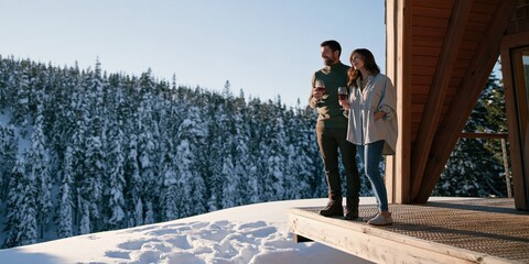 Fototapeta premium Winter mountain cabin couple standing on a snowy deck with wine overlooking a forested landscape for romantic getaway background and travel retreat design
