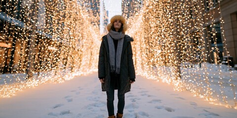 Fototapeta premium Woman in parka standing in urban light tunnel with holiday fairy lights for festive winter background and banner