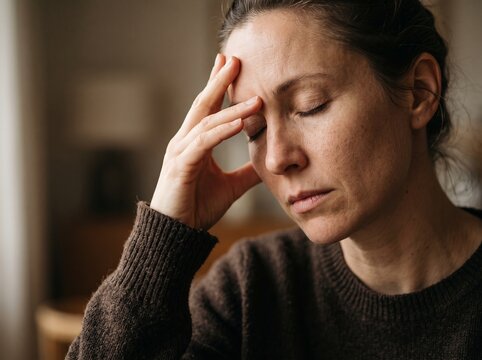 A close-up shot capturing a tired individual resting a hand on their temple. Ideal for visual storytelling about mental burnout, headache, and internal monologue.