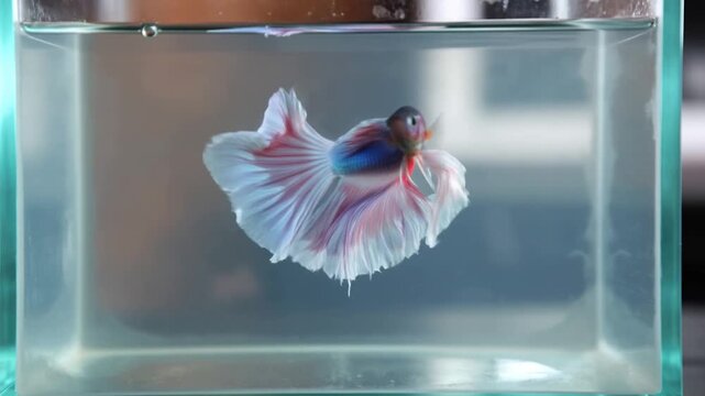 Slow motion tracking shot of betta fish flaring and swimming inside glass tank aquarium in studio setting
