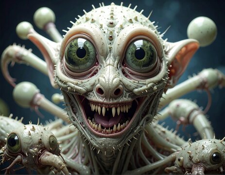 Creepy alien goblin monster portrait with huge green eyes and sharp teeth