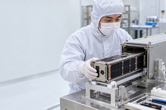 engineer integrating a cubesat into a launch deployer